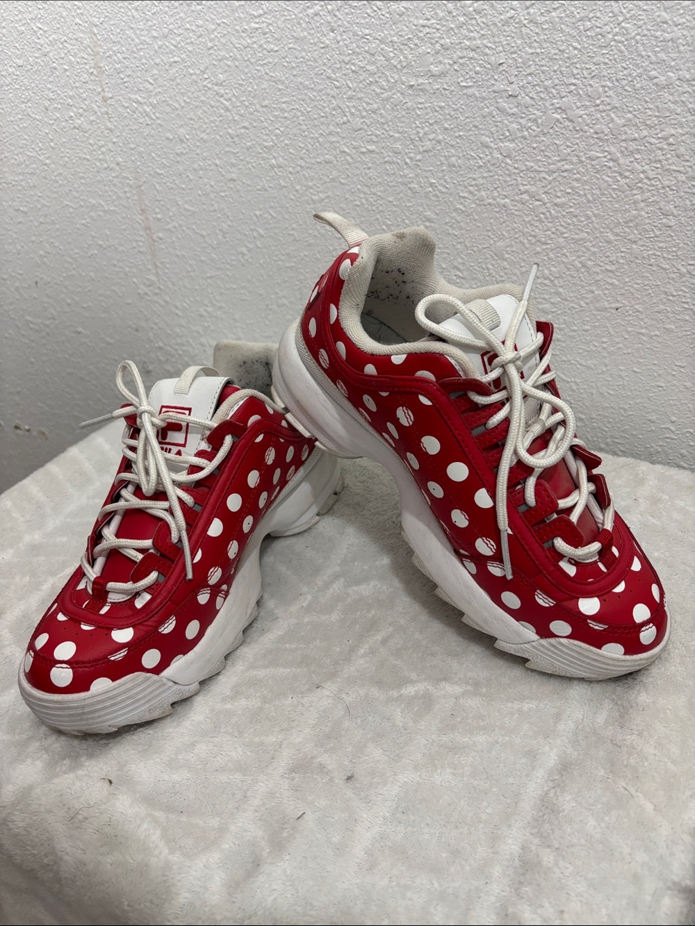 FILA Disruptor II Red White Polka Dot Chunky Sneakers Y2K Platform Shoes 8